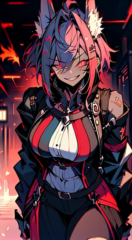 1girl, short_rebellious_hairblue_hair, hair tips to the side, scary_eyes, short_hair, scary_smile, Evil smile_sharp_wild teeth, black_iris, scarlet_red_pupil, black, sclera, soulless_black_eyes, looking_at_vi ewer, holding, shirt, pant, animal_ears, blue_ ears, wolf_woman, blue_tail, body_perfect, Milf_body, female_body_muscular, big_breasts, scar_on_thighs, scar_on_the abdomen,assassin's creed:hunter_outfit_black,Dark_black_skin