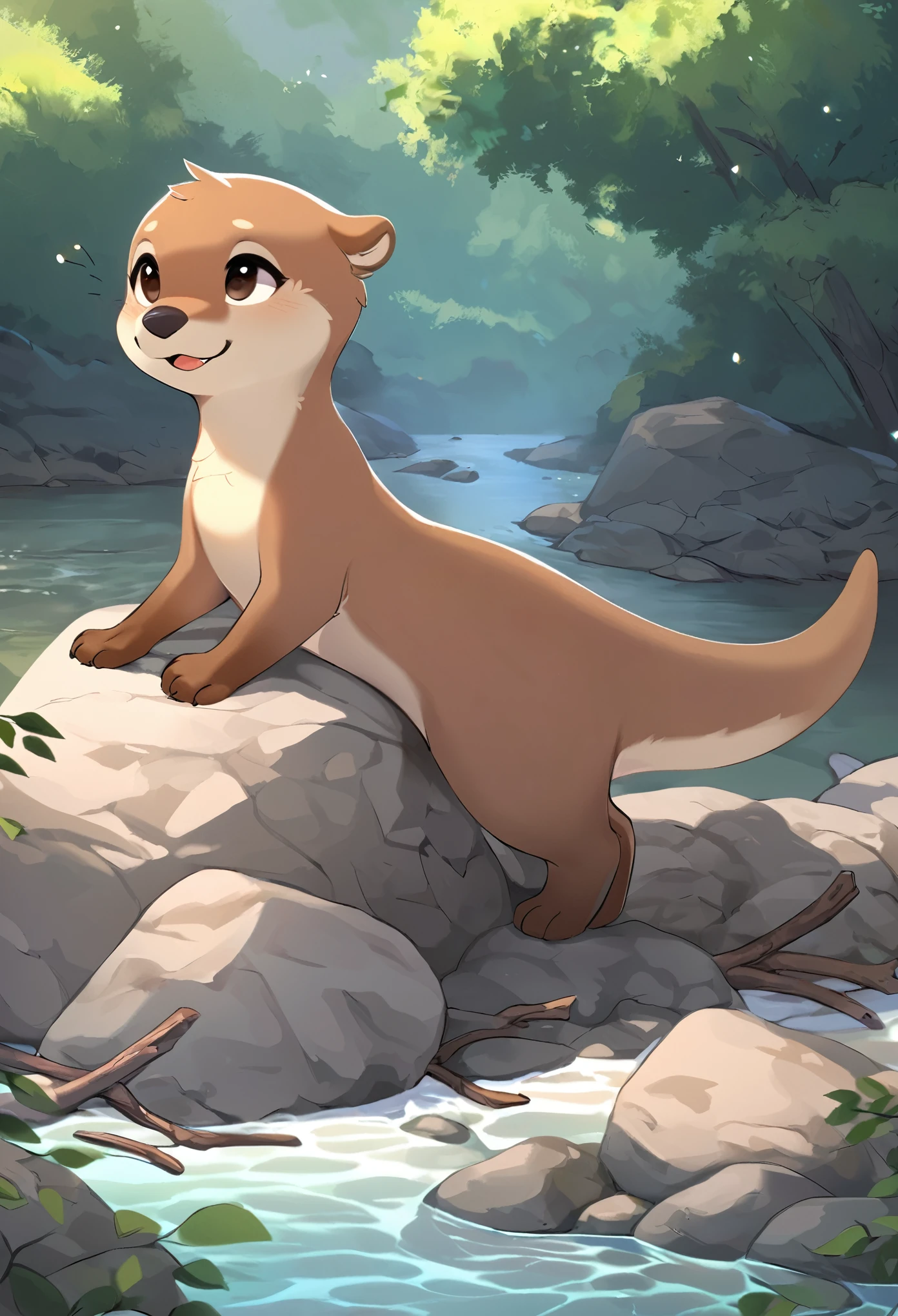 best quality, super fine, masterpiece, an otter appears from behind a rock piled with twigs, river, riverside, cute