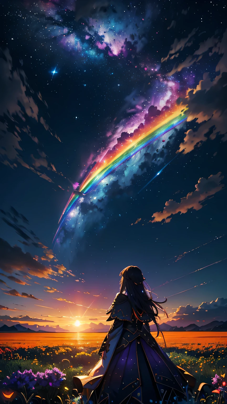 vast landscape photos , (The view from below,Above is the sky,There is an open field below), girl standing in the flower field looking up, (Full Moon:1.2), ( meteor:0.9), (nebula:1.3), Distant Mountains, Tree fracture making art, (Warm light source:1.2), (firefly:1.2), lamp, Lots of purple and orange, Intricate details, Volumetric LightingBREAK (masterpiece:1.2), (best quality), 4K, Super detailed, (Dynamic Synthesis:1.4), Very detailed, Colorful Detailed,( Rainbow Colors:1.2), (Luminous lighting, Mood lighting), dream, magic, (Solitary:1.2)