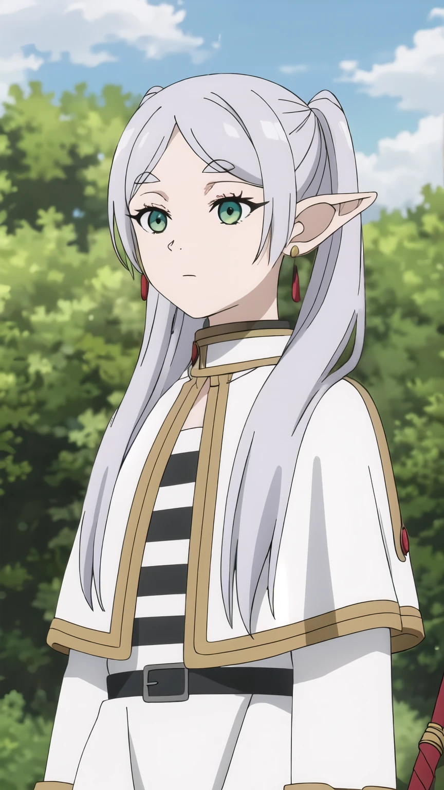 ((highest quality)),((Very detailed)),masterpiece,Absurd,Detailed face,Beautiful Face,(Fine grain, small_Eye light, Deep Eyes),One girl((Dynamic pose)),  Freezing, Pointed Ears, White capelet, staff, alone, Fairy, Earrings, jewelry, Green Eyes, Long Hair, Outdoor, Day, Holding, Holding staff, wood, Gray Hair, null, Twin tails, belt, Long sleeve, blue null, Striped, Striped shirt, Twin tails, Mouth closed, dress, Upper Body, white dress, shirt, bangs, Expressionless, cloud, Are standing, parted bangs