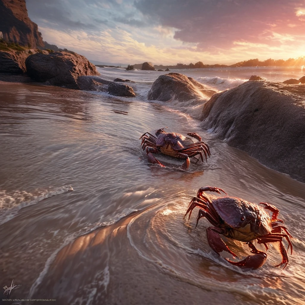 An otter battling a crab on a beach at sunset, like a video game, with health meters. (best quality,4k,8k,highres,masterpiece:1.2),ultra-detailed,(realistic,photorealistic,photo-realistic:1.37), HDR, UHD, studio lighting, ultra-fine painting, sharp focus, physically-based rendering, extreme detail description, professional, vivid colors, bokeh, portraits, landscape, horror, anime, sci-fi, photography, concept artists, sandy beach, crashing waves, golden sunlight, dynamic action, intense fight, pixelated health meters, intense shadows, clear reflections on water, dramatic sky, vibrant orange and pink hues, dramatic lighting, stylized art.