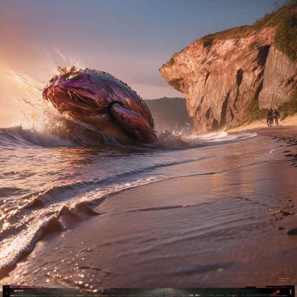 An otter battling a crab on a beach at sunset, like a video game, with health meters. (best quality,4k,8k,highres,masterpiece:1.2),ultra-detailed,(realistic,photorealistic,photo-realistic:1.37), HDR, UHD, studio lighting, ultra-fine painting, sharp focus, physically-based rendering, extreme detail description, professional, vivid colors, bokeh, portraits, landscape, horror, anime, sci-fi, photography, concept artists, sandy beach, crashing waves, golden sunlight, dynamic action, intense fight, pixelated health meters, intense shadows, clear reflections on water, dramatic sky, vibrant orange and pink hues, dramatic lighting, stylized art.