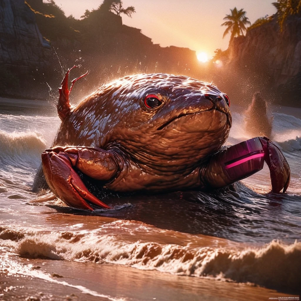 An otter battling a crab on a beach at sunset, like a video game, with health meters. (best quality,4k,8k,highres,masterpiece:1.2),ultra-detailed,(realistic,photorealistic,photo-realistic:1.37), HDR, UHD, studio lighting, ultra-fine painting, sharp focus, physically-based rendering, extreme detail description, professional, vivid colors, bokeh, portraits, landscape, horror, anime, sci-fi, photography, concept artists, sandy beach, crashing waves, golden sunlight, dynamic action, intense fight, pixelated health meters, intense shadows, clear reflections on water, dramatic sky, vibrant orange and pink hues, dramatic lighting, stylized art.