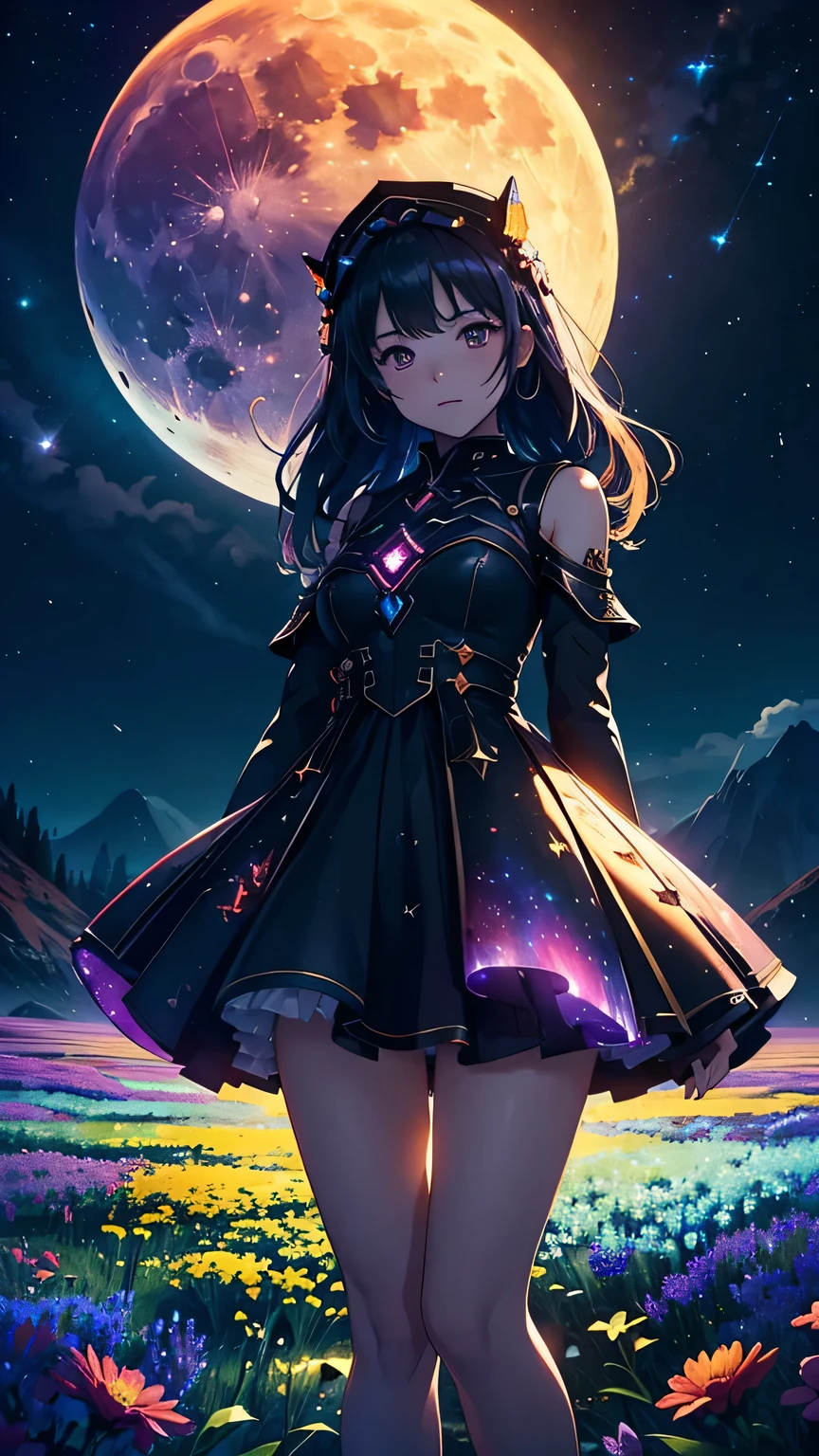 vast landscape photos , (The view from below,Above is the sky,There is an open field below), girl standing in the flower field looking up, (Full Moon:1.2), ( meteor:0.9), (nebula:1.3), Distant Mountains, Tree fracture making art, (Warm light source:1.2), (firefly:1.2), lamp, Lots of purple and orange, Intricate details, Volumetric LightingBREAK (masterpiece:1.2), (best quality), 4K, Super detailed, (Dynamic Synthesis:1.4), Very detailed, Colorful Detailed,( Rainbow Colors:1.2), (Luminous lighting, Mood lighting), dream, magic, (Solitary:1.2)