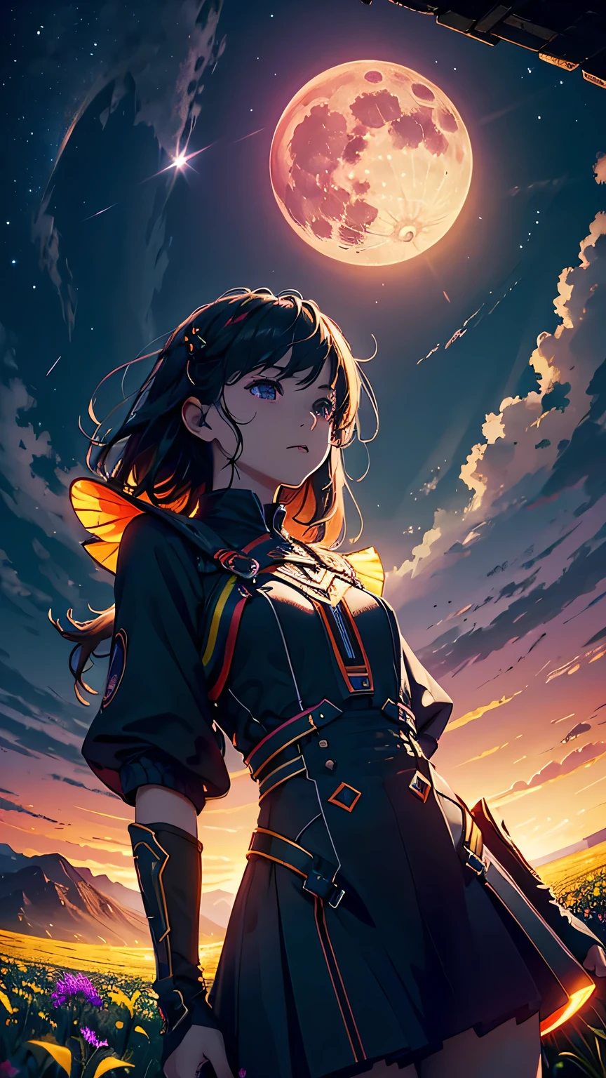 vast landscape photos , (The view from below,Above is the sky,There is an open field below), girl standing in the flower field looking up, (Full Moon:1.2), ( meteor:0.9), (nebula:1.3), Distant Mountains, Tree fracture making art, (Warm light source:1.2), (firefly:1.2), lamp, Lots of purple and orange, Intricate details, Volumetric LightingBREAK (masterpiece:1.2), (best quality), 4K, Super detailed, (Dynamic Synthesis:1.4), Very detailed, Colorful Detailed,( Rainbow Colors:1.2), (Luminous lighting, Mood lighting), dream, magic, (Solitary:1.2)