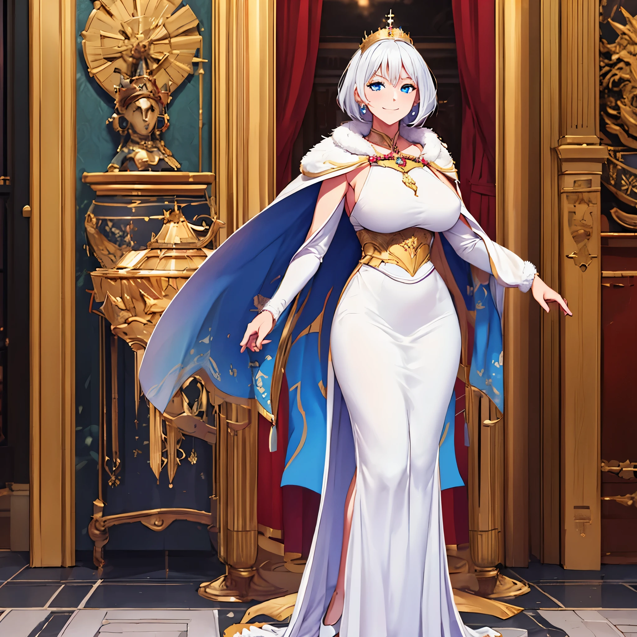 A woman wearing a queen's dress, long white dress with gold and blue details, wearing a golden crown with diamond, in a large medieval hall, white billowing floor, standing on white heels, large fur cape, a large queen's throne in the background , big breasts, smiling, short white hair, ice blue eyes, full body,.projected shadow, anaglyph, stereogram, tachi-e, dot view, atmospheric perspective, 8k, superdetail, accurate, best quality, award-winning, textured skin, high resolution, anatomically correct, bokeh effect, ((solo woman)
