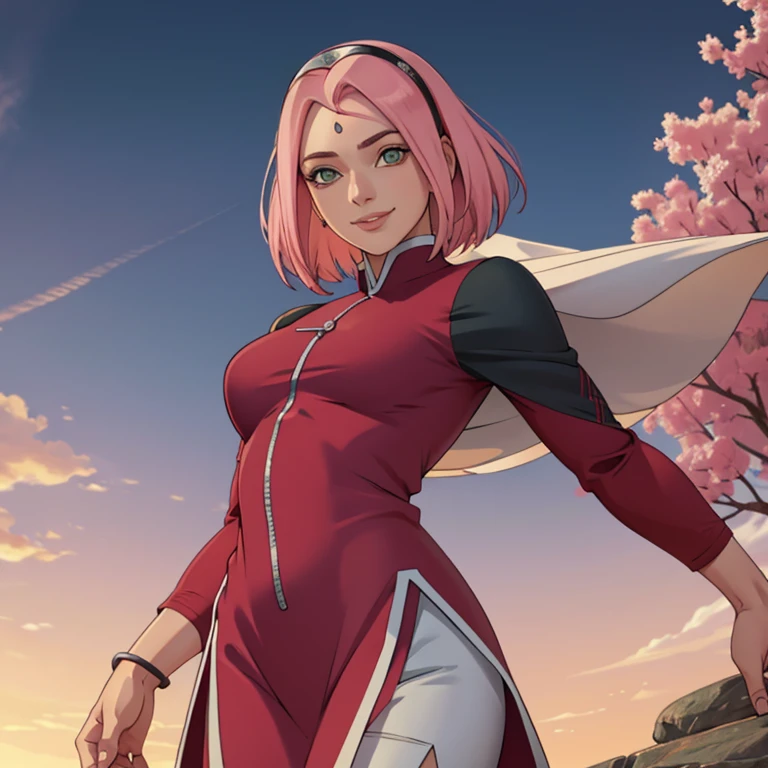 parte mestre， Best quality at best， 1 garota， Sakura Haruno， seios grandes，Traje fora do ombro，（clivagem)，（closeup da parte superior do corpo)，Criado sexy，Is shy，sorriso，com cabelo rosa， longo, whitish hair， （Globos oculares verdes:1.4)， Forehead protection， As cerejeiras，Flores de cerejeira voando，roupas brancas,jaleco hospitalar，half zipper, mostrando seus peitos grandes, Olhando para o Viewer, Olhos bonitos, Sorriso sexy e sedutor, beleza sensual, Unique Girl, seios perfeitos