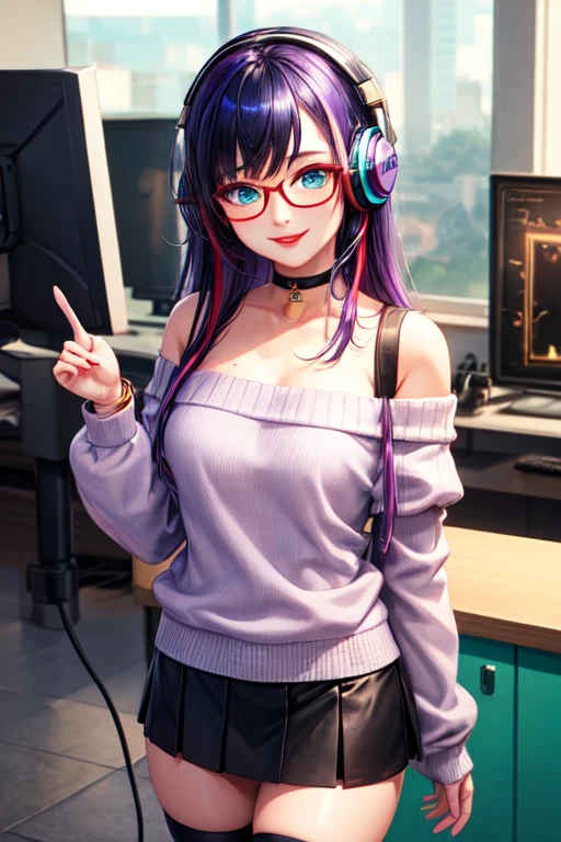 ((best quality)), ((masterpiece)), ((detailed eyes)), perfect face, female, gamer girl, (aqua eyes), ((cherry-red lips)), light smile, long black hair, purple streaks, wearing headphones, bangs, ribbon, choker, bracelet, nerdy glasses, sleeves past fingers, white off-shoulder sweater, large breasts, black skirt, thigh-highs, gamer girl's bedroom, nighttime, neon lights, colorful lights