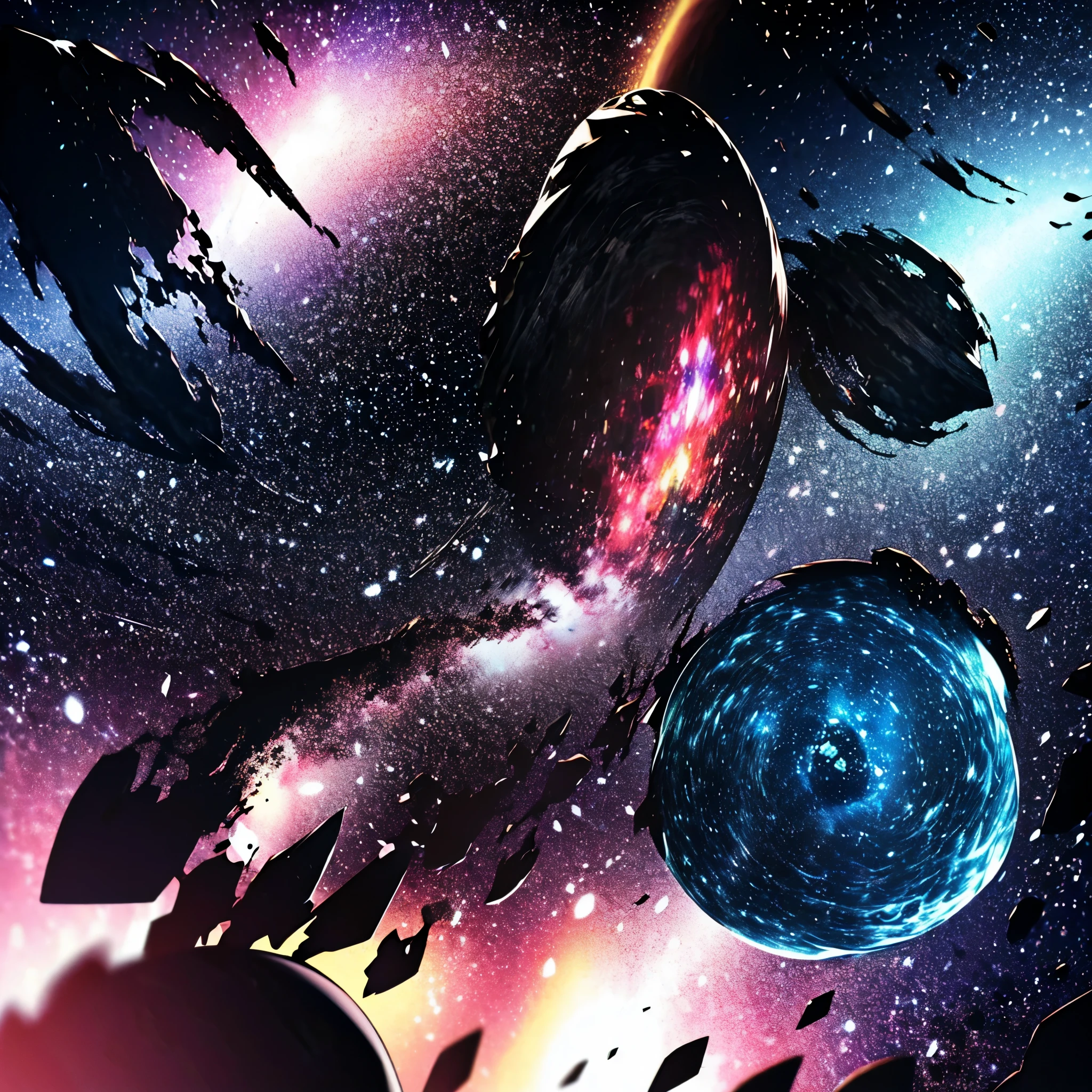 Gigantic black space snake made from black mist eat different planets and stars as to moves through the colorful galaxy destroying  everything 