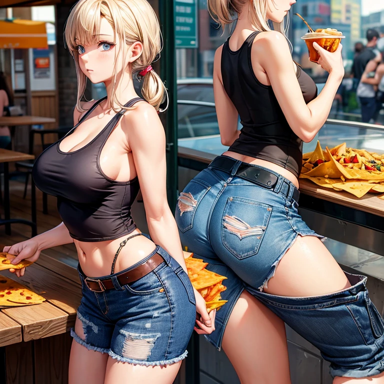 A woman in a tank top and full-zip shorts eating nachos at a taco stand Jeans have belts Big butt Detail the buttocks Detailing the groin area