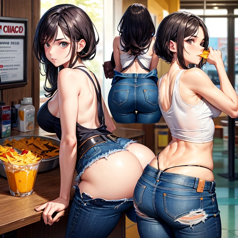 A woman in a tank top and full-zip shorts eating nachos at a taco stand Jeans have belts Big butt Detail the buttocks Detailing the groin area