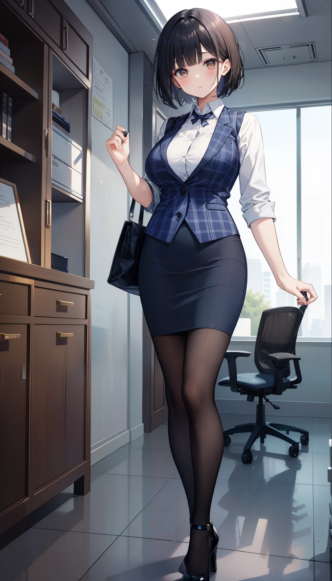 highest quality, Flying debris、Beautiful woman、officeレディー、Black Hair、(Brown eyes、Big Breasts、Blunt bangs)、short hair、チェック柄のダークブルーのofficeスーツ)、new employee,Full Body Shot、Female office lady、break(Dark blue checked vest、White dress shirt、Navy blue long tight pencil skirt:1.2)、(black tights、High heels)、break(office:1.3)