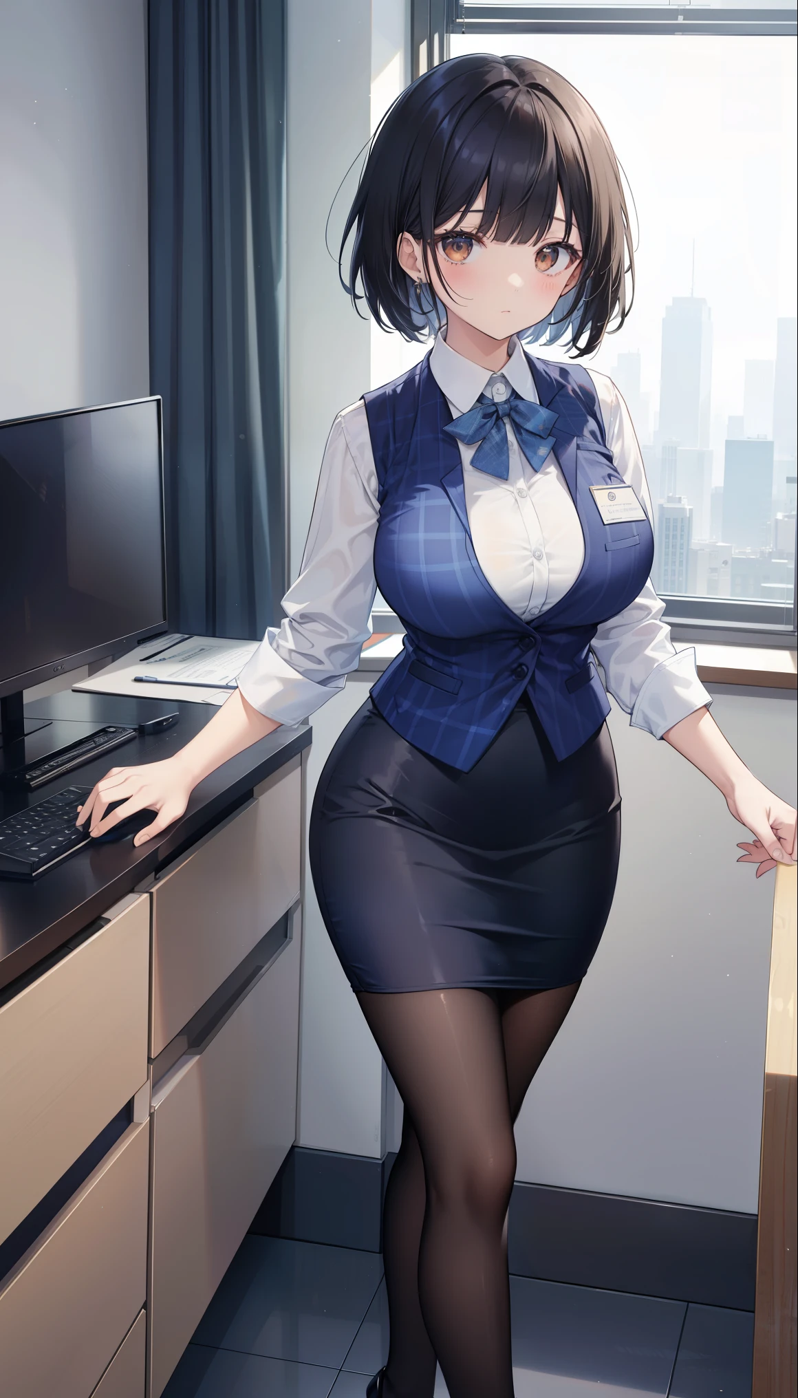 highest quality, Flying debris、Beautiful woman、officeレディー、Black Hair、(Brown eyes、、Blunt bangs)、short hair、チェック柄のダークブルーのofficeスーツ)、new employee,Full Body Shot、Female office lady、break(Dark blue checked vest、White dress shirt、Navy blue long tight pencil skirt:1.2)、(black tights、High heels)、break(office:1.3)