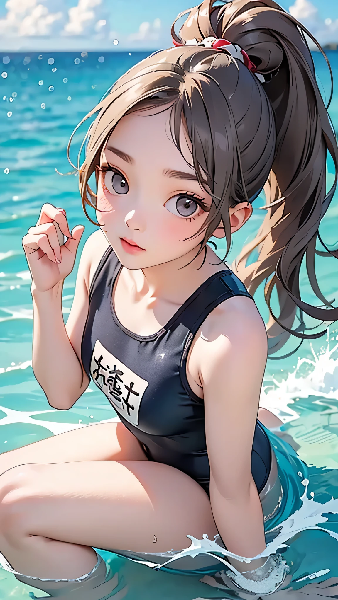 highest quality、Realistic、girl、Japanese、zoom、cute、Gray Eyes、Chestnut Hair、Long Ponytail、One piece swimsuit、Ocean、