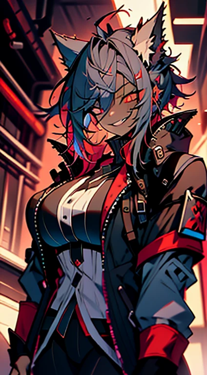 1girl, short_rebellious_hairblue_hair, hair tips to the side, scary_eyes, short_hair, scary_smile, Evil smile_sharp_wild teeth, black_iris, scarlet_red_pupil, black, sclera, soulless_black_eyes, looking_at_vi ewer, holding, shirt, pant, animal_ears, blue_ ears, wolf_woman, blue_tail, body_perfect, Milf_body, female_body_muscular, big_breasts, scar_on_thighs, scar_on_the abdomen,assassin's creed:hunter_outfit_black,VERY_VERY_Dark_black_skin