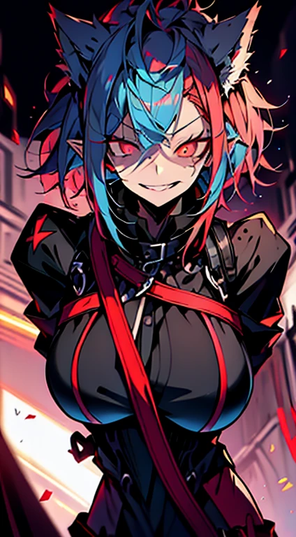 1girl, short_rebellious_hairblue_hair, hair tips to the side, scary_eyes, short_hair, scary_smile, Evil smile_sharp_wild teeth, black_iris, scarlet_red_pupil, black, sclera, soulless_black_eyes, looking_at_vi ewer, holding, shirt, pant, animal_ears, blue_ ears, wolf_woman, blue_tail, body_perfect, Milf_body, female_body_muscular, big_breasts, scar_on_thighs, scar_on_the abdomen,assassin's creed:hunter_outfit_black,VERY_VERY_Dark_black_skin