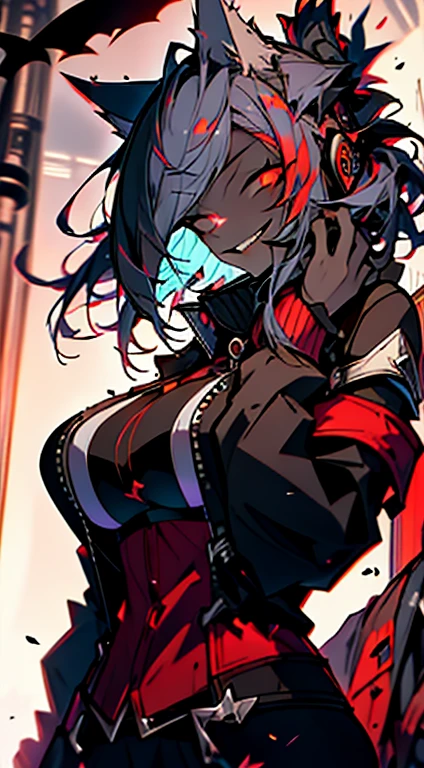 1girl, short_rebellious_hairblue_hair, hair tips to the side, scary_eyes, short_hair, scary_smile, Evil smile_sharp_wild teeth, black_iris, scarlet_red_pupil, black, sclera, soulless_black_eyes, looking_at_vi ewer, holding, shirt, pant, animal_ears, blue_ ears, wolf_woman, blue_tail, body_perfect, Milf_body, female_body_muscular, big_breasts, scar_on_thighs, scar_on_the abdomen,assassin's creed:hunter_outfit_black,VERY_VERY_Dark_black_skin