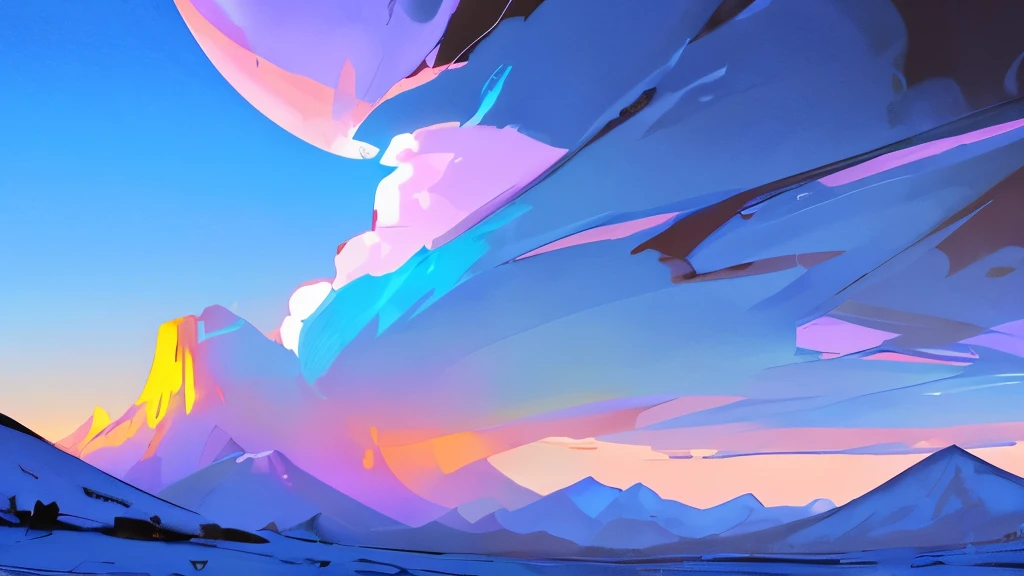 digital painting of a desert background full of snow, its white with some blue and purlple in colors, its all alone, (((nuclear explotion behind some mountains 3.0))))