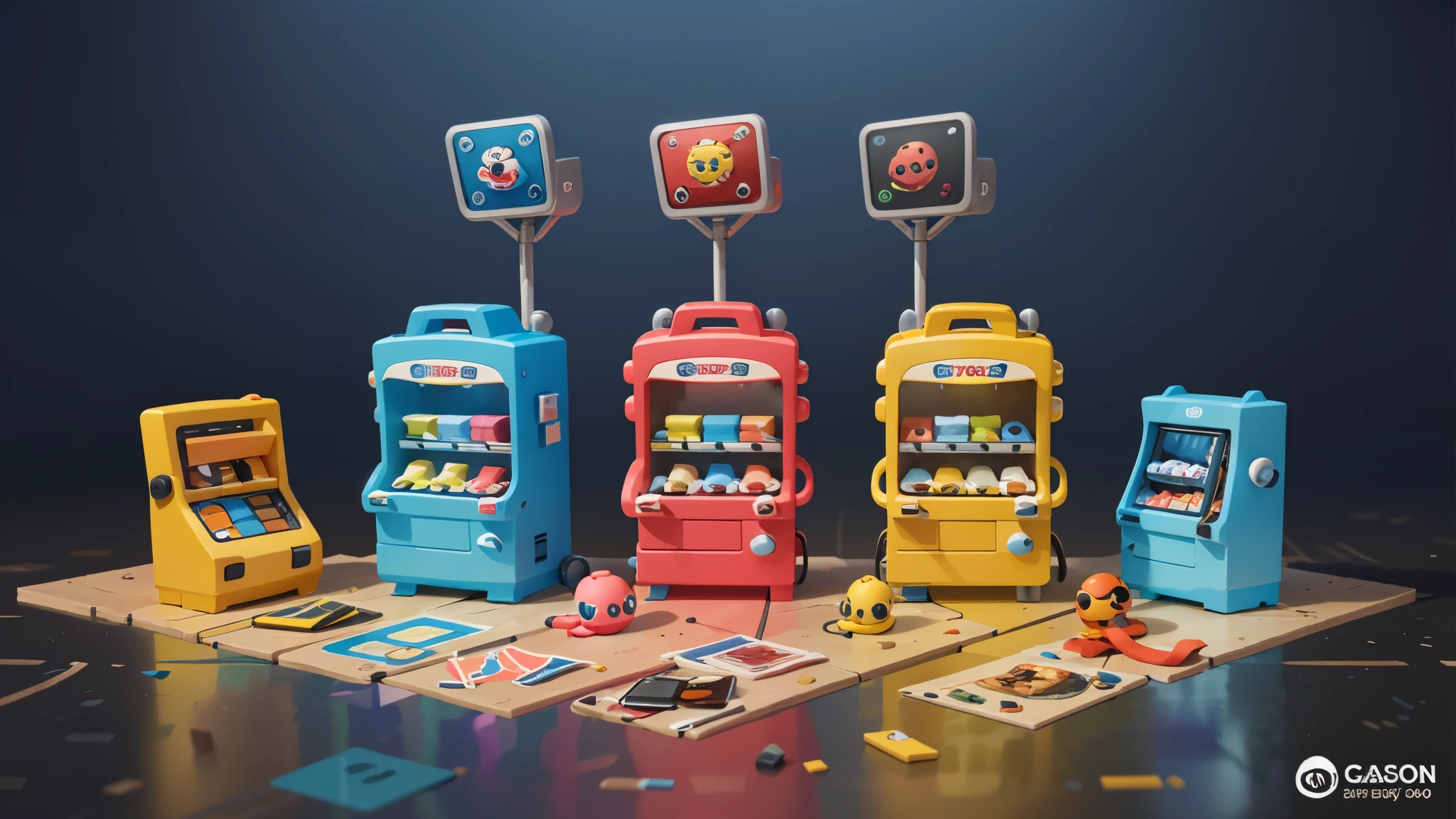 Gashapon machine promotional color picture，Close-up of a gashapon machine with a logo,video game item,Promotional renderings,Background color is rich and lively， Collectible Card Art, 8k