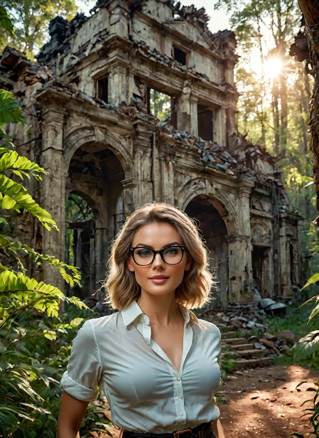 "A charming woman, with an elegant posture and incomparable beauty, wearing prescription glasses. Her soft dimples and realistic expression lines add authenticity. Her skin is illuminated by the sun's rays, highlighting her beauty. Wearing long, sophisticated clothes. In the background, a crazy man with a rustic structure with multiple entrances, almost in ruins, surrounded by dense and branched vegetation. To capture this extraordinary scene, a high-resolution camera is required, such as the Phase One XF IQ4 150MP. capture light in harsh conditions. Diffuse natural lighting, minimizing harsh shadows. Camera settings include medium aperture, adjusted shutter speed, and a high-quality wide-angle lens with a focal length of approximately 35mm to capture the entire scene. in an immersive way. Sharp, precise details are captured, from wavy hair to complex clothing patterns, ensuring a natural and stunning image. "