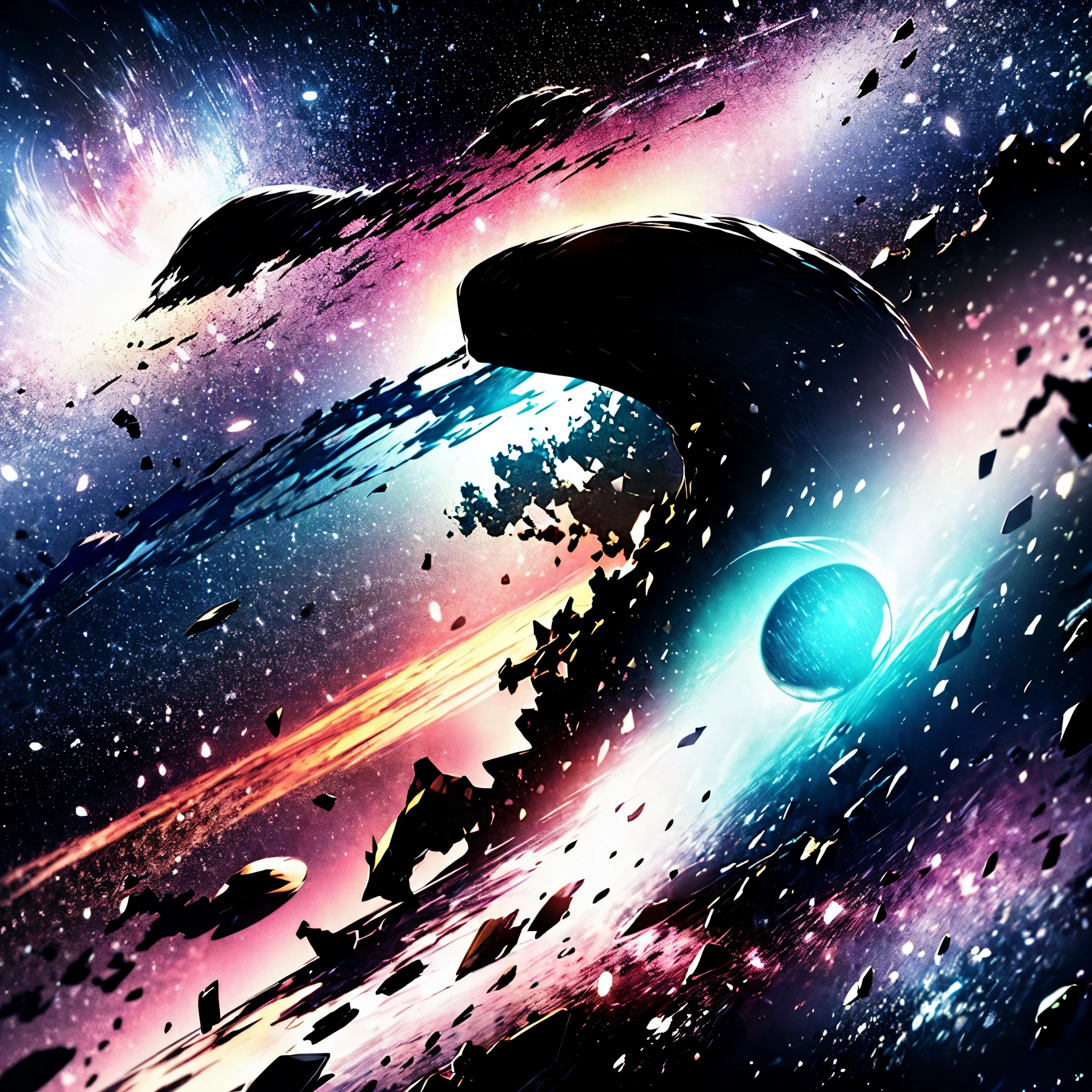 Gigantic black space snake made from black mist eat different planets and stars as to moves through the colorful galaxy destroying  everything 
