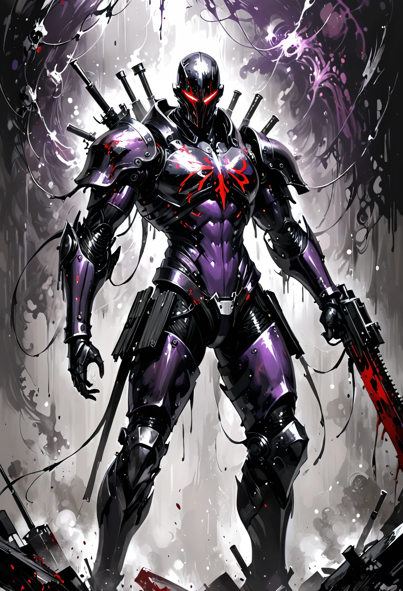 in style of Ashley Wood,1boy,role conception,terror blood,((death sign)),very detailed,more details,smooth and smooth strokes,shiny black|light red|dark purple Mandelbrot bodysuit armor,Portable heavy weapons,((muscular)),Miracle celestial body