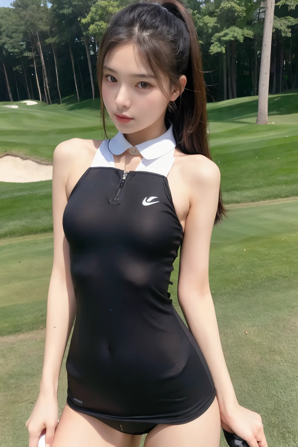 Photo of a 20-year-old idol girl, perfect face, masterpiece, good, swimsuit, Black color_good, Golf Wear, nude color_Golf Wear_golfing posture