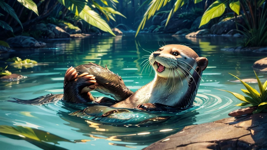 (1 cute otter,eating fish),illustration,detailed fur,sparkling water reflections,green environment,vivid colors,best quality,4K resolution,shiny wet fur,elegant movements,playful expressions,[aquatic environment],[nature],beautiful detailed eyes,curved whiskers,small paws,joyful atmosphere,soft sunlight.