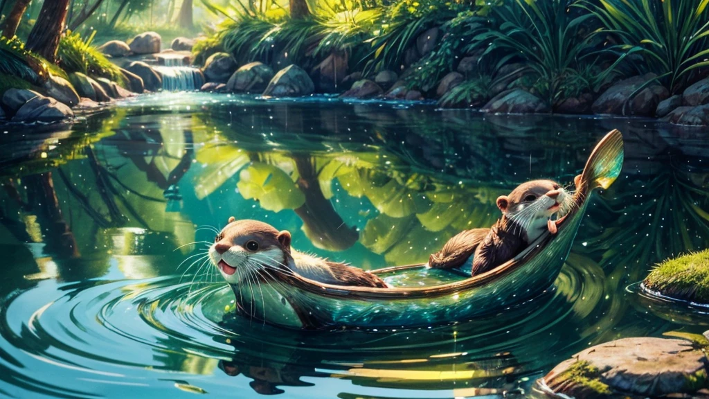 (1 cute otter,eating fish),illustration,detailed fur,sparkling water reflections,green environment,vivid colors,best quality,4K resolution,shiny wet fur,elegant movements,playful expressions,[aquatic environment],[nature],beautiful detailed eyes,curved whiskers,small paws,joyful atmosphere,soft sunlight.