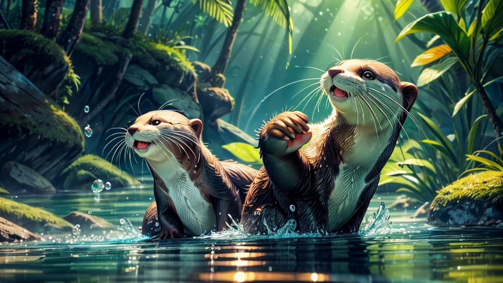 (1 cute otter,eating fish),illustration,detailed fur,sparkling water reflections,green environment,vivid colors,best quality,4K resolution,shiny wet fur,elegant movements,playful expressions,[aquatic environment],[nature],beautiful detailed eyes,curved whiskers,small paws,joyful atmosphere,soft sunlight.
