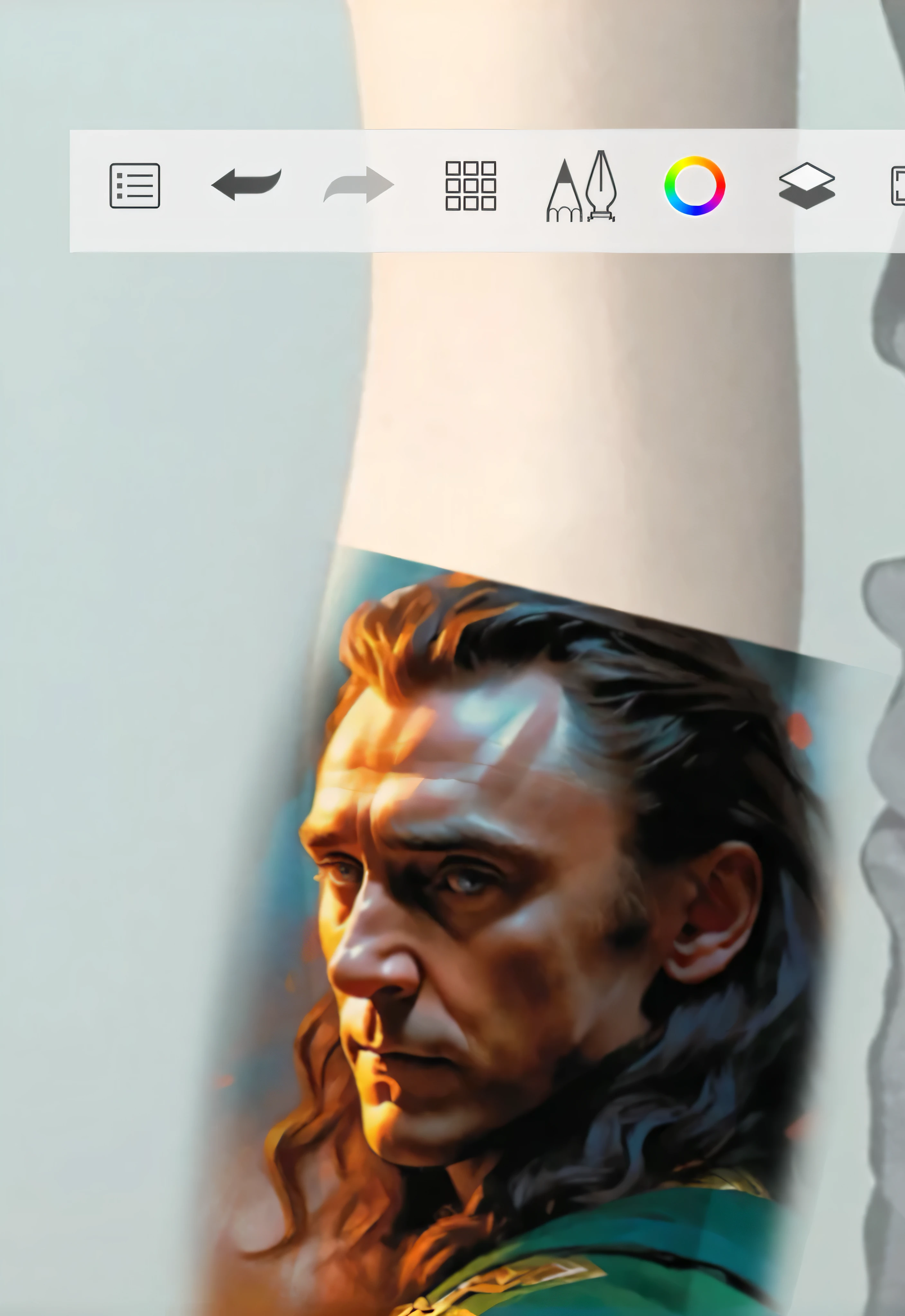 a closeup of a person holding a cell phone with a photo of a man, Loki portrait, martin luego obra de arte retrato, A full-color airbrush, el dios de la travesura, Drew Struzan Tomasz Alen Kopera, Lateral - Retrato pintado de perfil, Loki, Retrato pintado de perfil lateral, inspirado en alex horley, retrato de capa salvaje de aleta