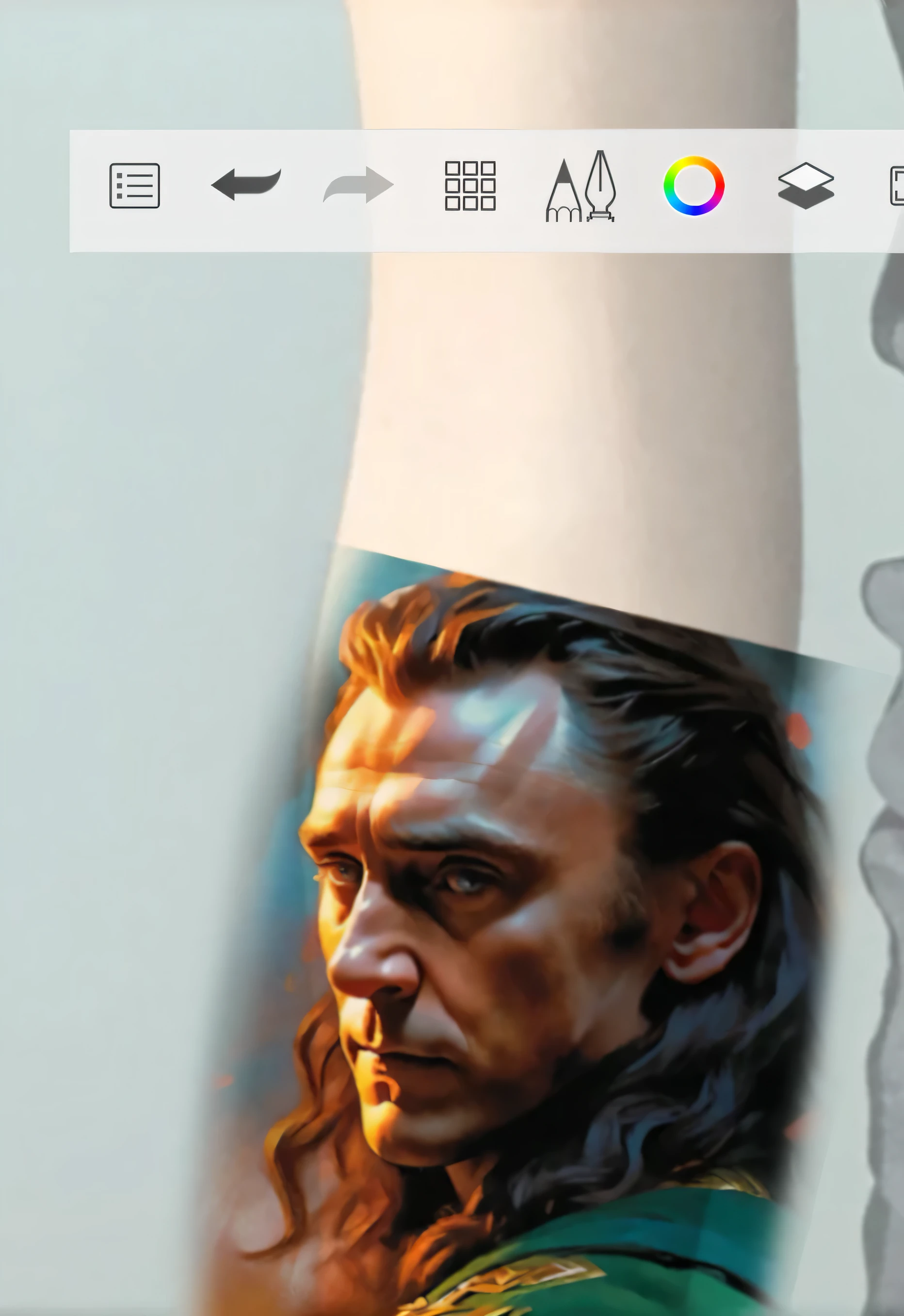 a closeup of a person holding a cell phone with a photo of a man, Loki portrait, martin luego obra de arte retrato, A full-color airbrush, el dios de la travesura, Drew Struzan Tomasz Alen Kopera, Lateral - Retrato pintado de perfil, Loki, Retrato pintado de perfil lateral, inspirado en alex horley, retrato de capa salvaje de aleta