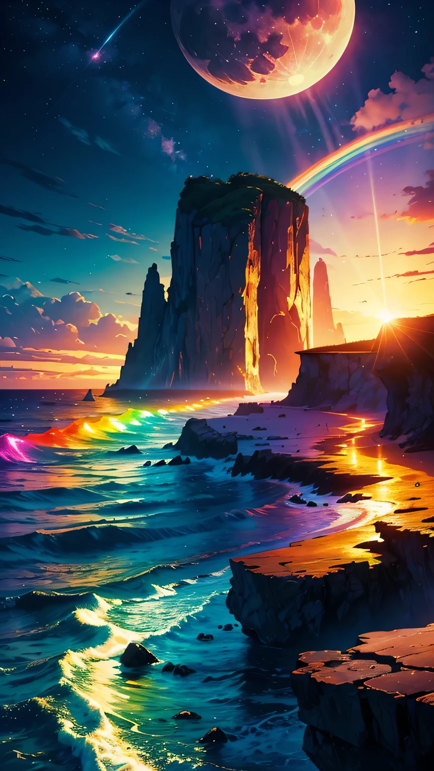 vast landscape photos ,Sea，Beach (Full Moon:1.2), ( meteor:0.9), (nebula:1.3), (masterpiece:1.2), (best quality), 4K, Super detailed, (Dynamic Synthesis:1.4), Very detailed, Colorful Detailed,( Rainbow Colors:1.2), (Luminous lighting, Mood lighting), dream, magic, (Solitary:1.2)