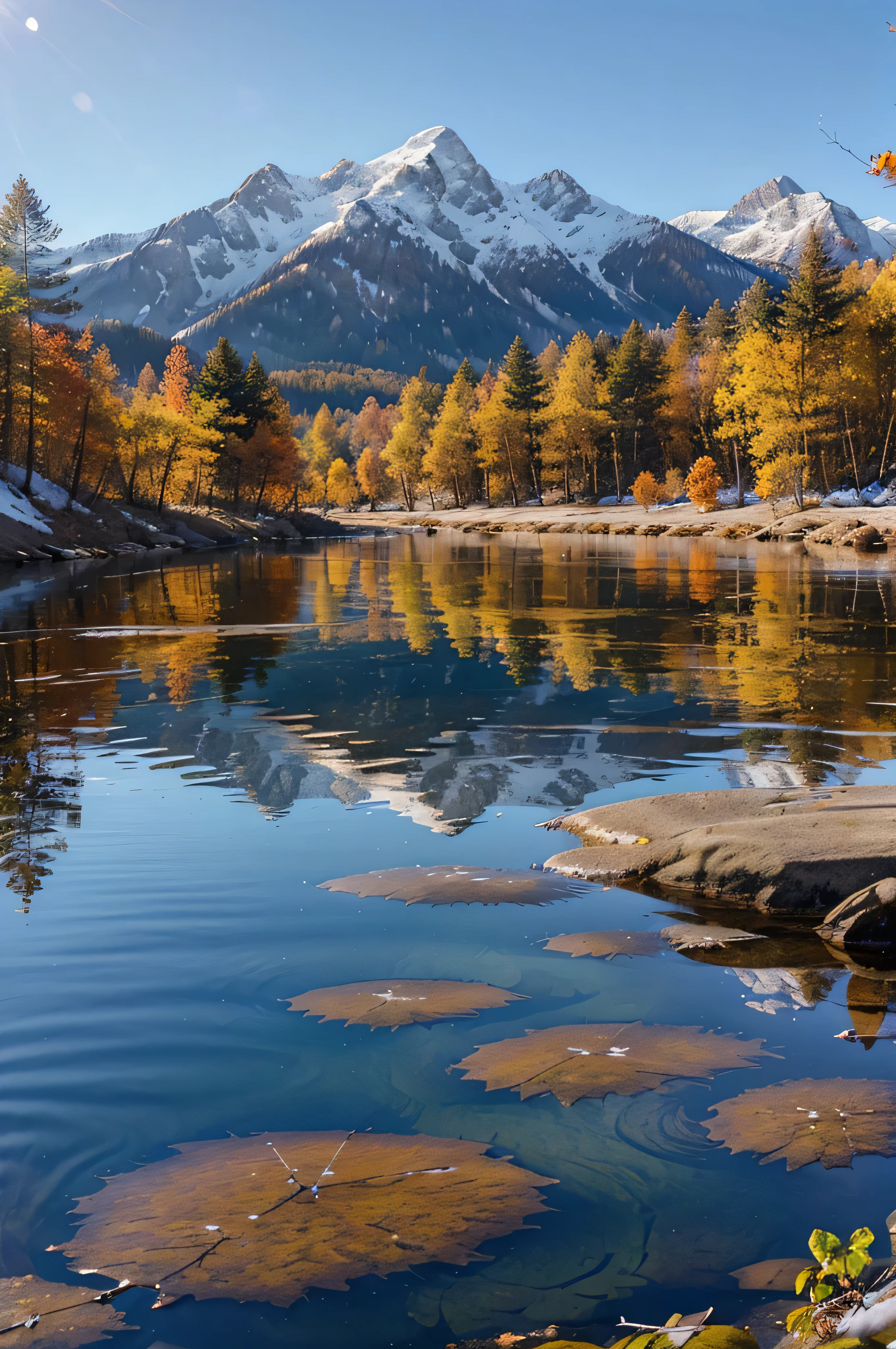 A crystal-clear mountain lake reflecting the snow-capped peaks above, with sunlight filtering through the leaves of autumn trees lining the shore. Capture the water's ripples and the vibrant colors of the foliage.