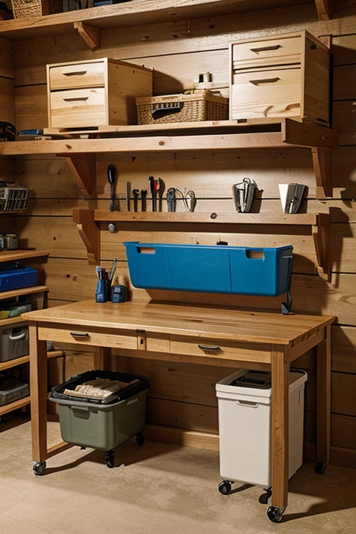 Design work table，pine material，Multiple storage spaces，Tool storage
