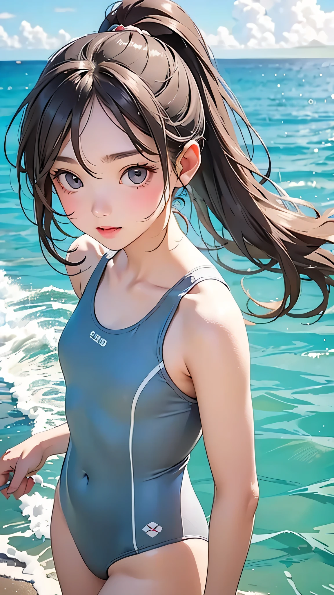 highest quality、Realistic、girl、Japanese、zoom、cute、Gray Eyes、Chestnut Hair、Long Ponytail、Separate swimsuit、Ocean、