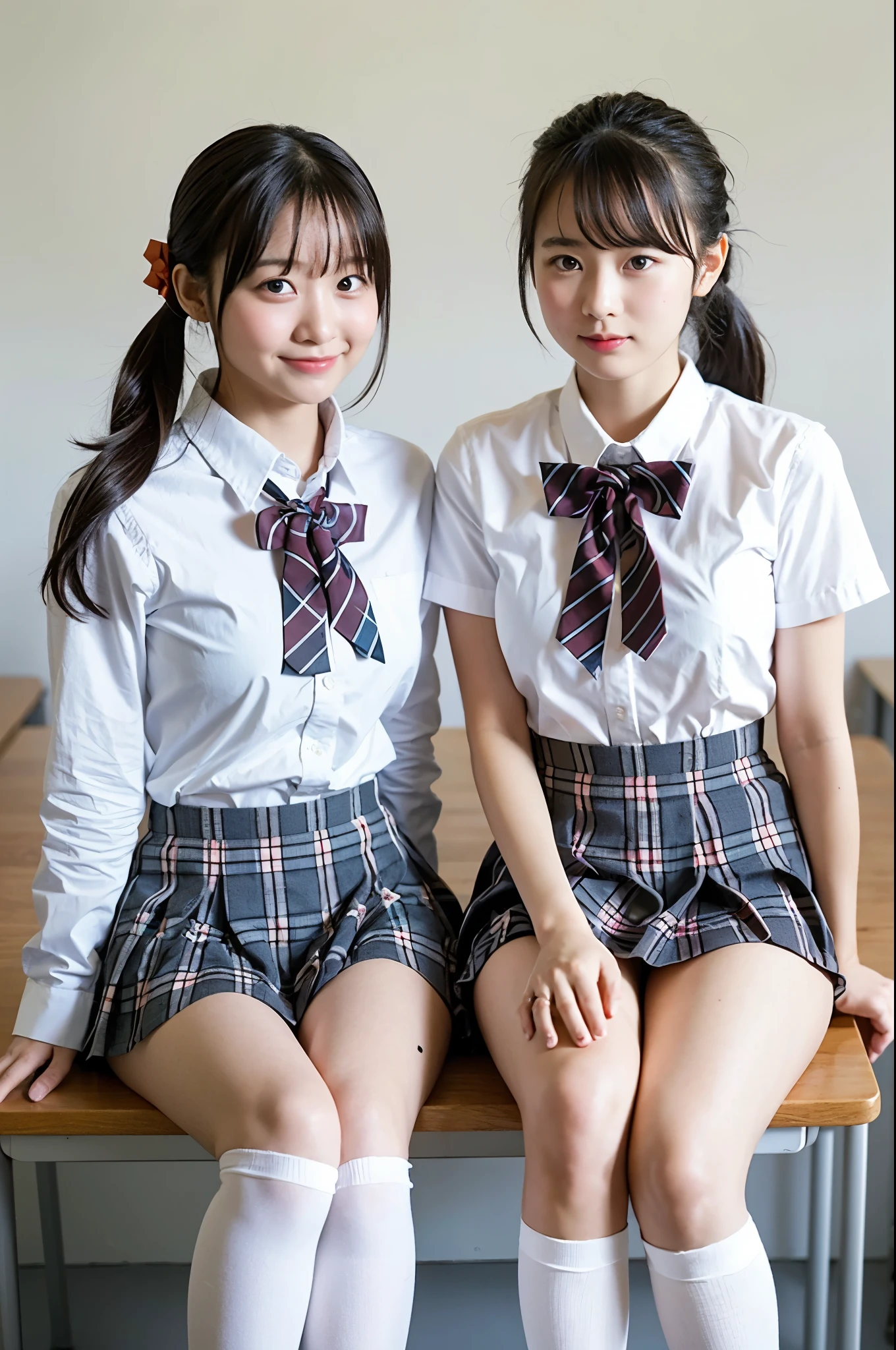 2 girls sitting with knee up on desk in school classroom,white shirt,gray plaid pleated micro mini-skirt,break,red plaid bow tie,break,white panties,white over-the-knee socks,18-year-old,bangs,a little smile,thighs,knees,short hair and low pigtails with barrette,from below,front light