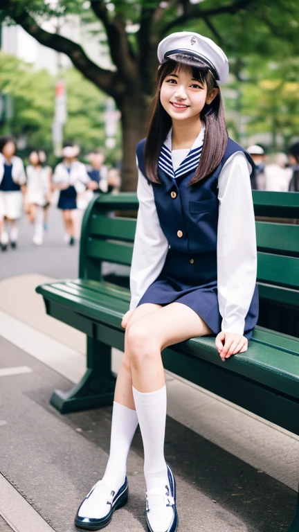 (masterpiece:1.2), super high quality, Japanese Girls, (Ultra-realistic), (Super Photography Style), One girl, Sexy 18 year old girl, Slender body, Thin thighs, (Sailor suit),Uniform micro skirt、 Fashionable hairstyles, Laughter, Sit on a bench、Tokyo city street