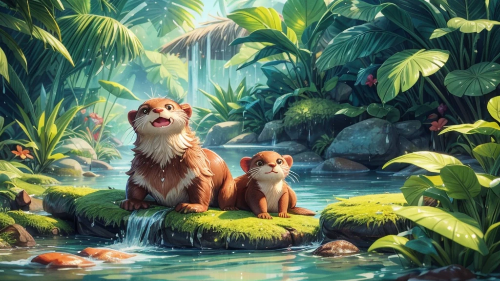 a cute otter,feeding on food,wild life,medium:watercolor,aquatic environment,tropical plants,shiny fur,detailed whiskers,wet fur fur,playful expression,vibrant colors,natural lighting
