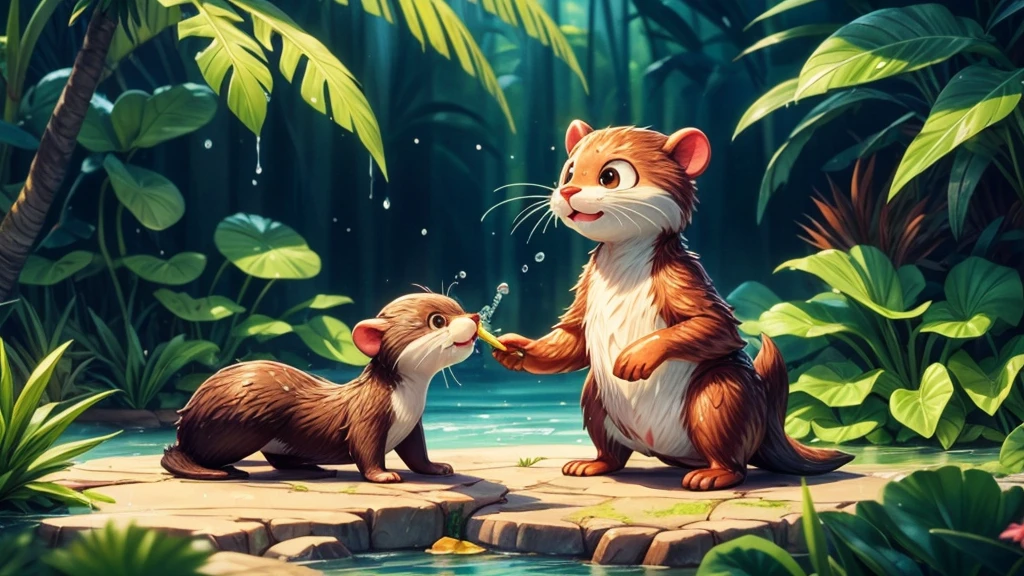 a cute otter,feeding on food,wild life,medium:watercolor,aquatic environment,tropical plants,shiny fur,detailed whiskers,wet fur fur,playful expression,vibrant colors,natural lighting