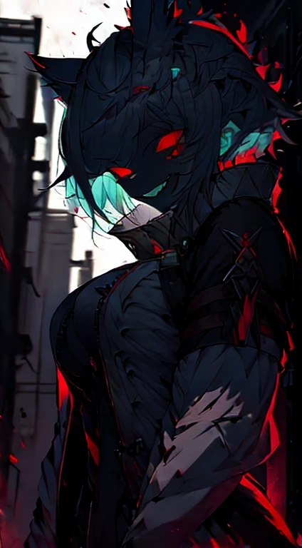 1girl, short_rebellious_hairblue_hair, hair tips to the side, scary_eyes, short_hair, scary_smile, Evil smile_sharp_wild teeth, black_iris, scarlet_red_pupil, black, sclera, soulless_black_eyes, looking_at_vi ewer, holding, shirt, pant, animal_ears, blue_ ears, wolf_woman, blue_tail, body_perfect, Milf_body, female_body_muscular, big_breasts, scar_on_thighs, scar_on_the abdomen,assassin's creed:hunter_outfit_black,Dark_black_skin
