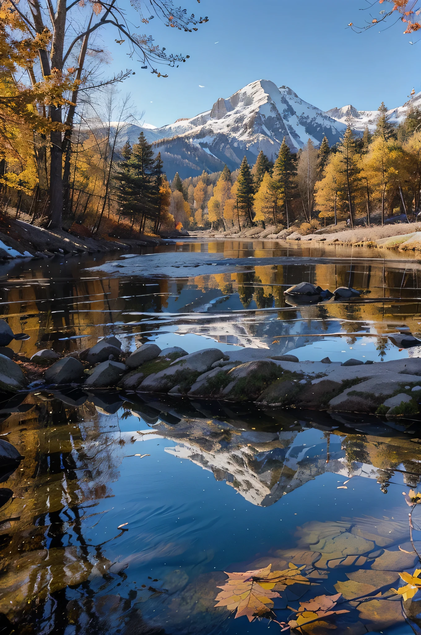 A crystal-clear mountain lake reflecting the snow-capped peaks above, with sunlight filtering through the leaves of autumn trees lining the shore. Capture the water's ripples and the vibrant colors of the foliage.