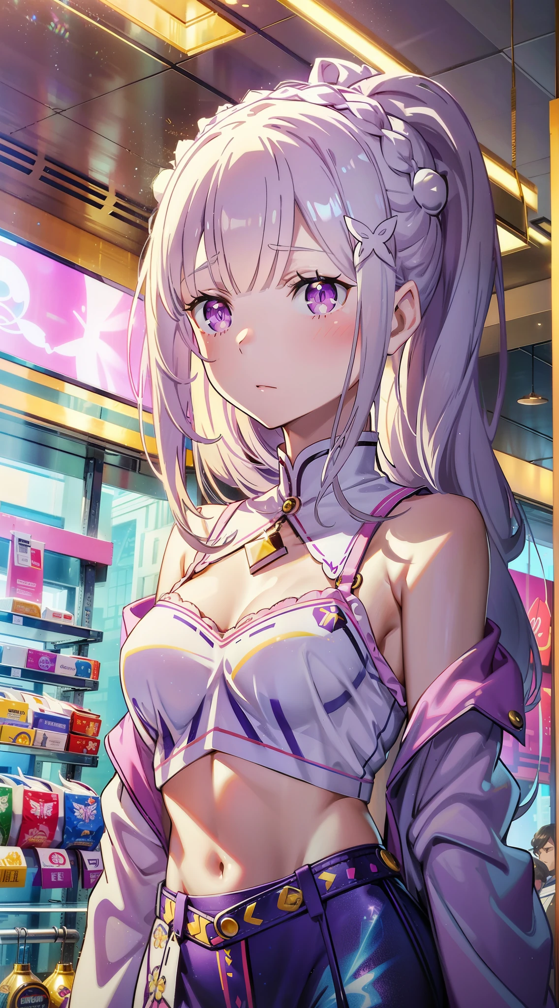 Emilia re:zero, purple eyes, Emilia, crown braid, x hair ornament, flower hair ornament, white hair, long hair, medium breasts, midriff, ((Masterpiece)), best quality, absurderes, ultra detailed, holographic, cowboy shot, golden ratio, super cute girl, mature girl, idol girl, super beautiful asian girl with very beautiful violet glowing eyes, high ponytail, nice and sexy body, slim body, perfect body, wearing a super tight anime printed leotard, an anime printed super tight off shoulder long sleeve crop top, a super aesthetic transparent mini jacket, beautiful hair ornament, pink jordan tennis, being photographed in a mall shop with her handsome skinny boyfriend, wearing