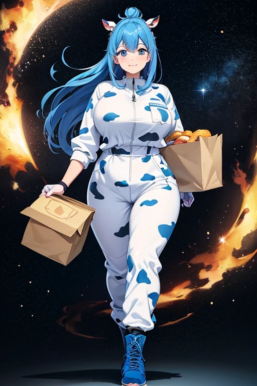 Anime Art、Full body portrait、Space SF delivery guy、A curvy woman with cow ears, about 180cm tall, about 46 years old, wearing a cow patterned Boilersuit, walking while carrying a large bag and eating a donut.、Updo blue hair、Smiling、Blue Eyes、gloves、sports boots