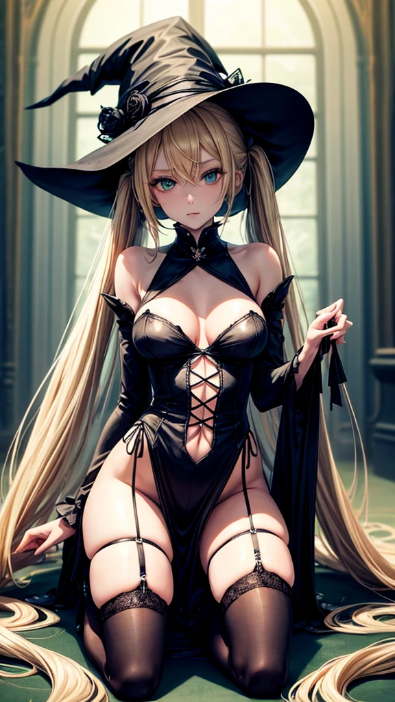 very slender. Long, blonde hair. She has green eyes. pigtails tied wearing a large witch hat. Wearing a sexy witch outfit with knee high heel, kneeling