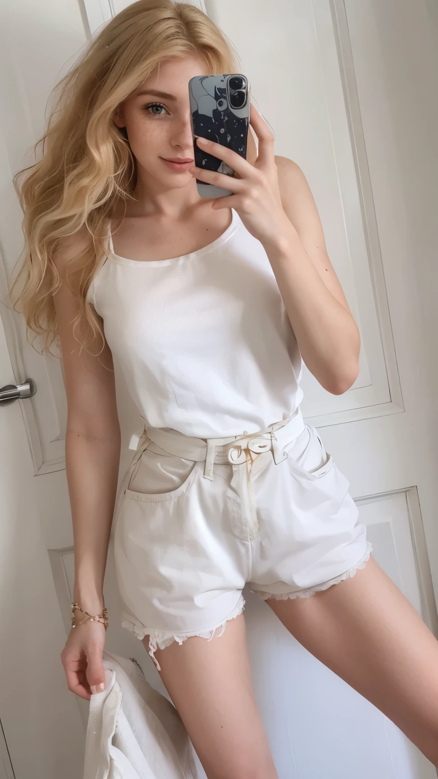 mulher, americana, 25 anos, pale skin and freckles, olhos cinzas, nariz delicado, soft and delicate lips, longo, cabelo blondie longo e ondulado na altura da cintura, sorriso meigo, face with delicate feminine facial features, altamente renderizado