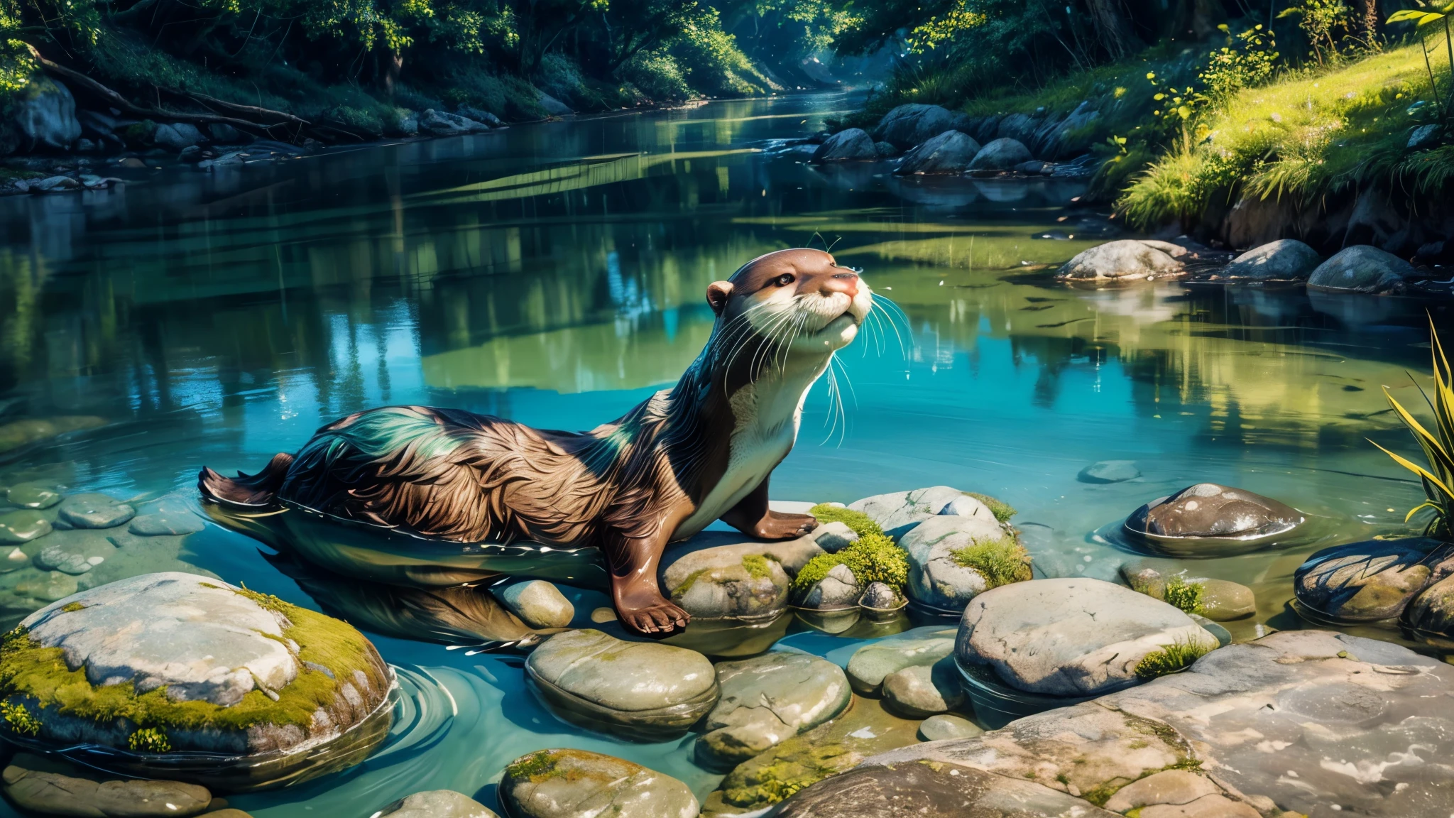 a cute otter in a natural habitat,beautiful detailed fur,majestic river flowing behind the otter,best quality,highres,ultra-detailed,realistic,photorealistic:1.37,vivid colors,natural lighting,painting-like,peaceful scenery,lush green vegetation,clear water,reflection on the water,wet stones in the river,playful expression