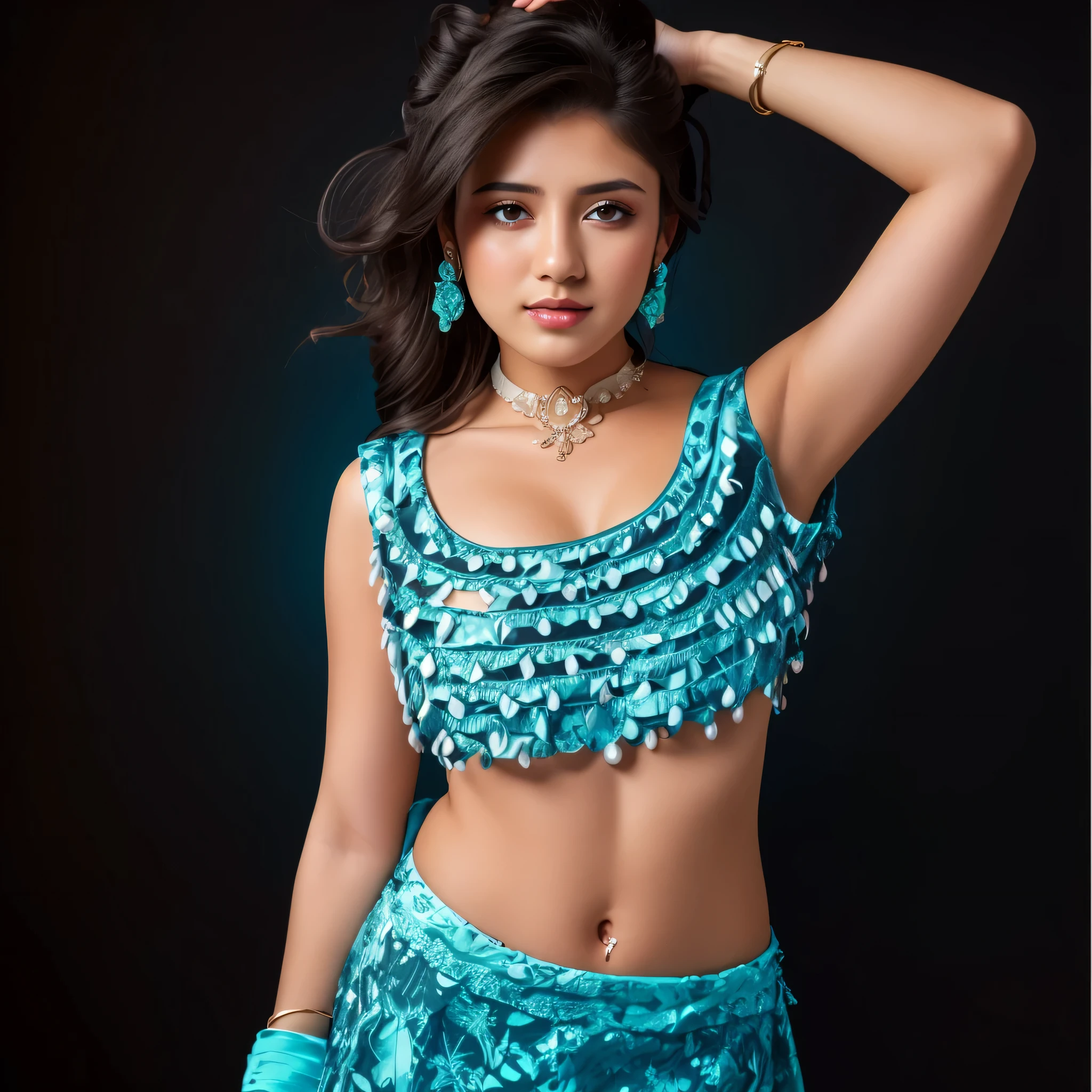 Elguru, 25 year old Worman, full body, topless, perfect legs, perfect age, ultra realistic face, indian woman tette grandi capezzoli ritto viso sorridente, standing, seductive, lehenga choli
