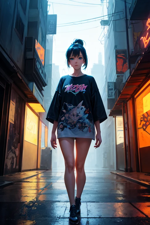 A captivating and urban realistic illustration featuring a confident georgeos woman, dressed in a overside long t-shirt and fit short. The female protagonist has striking bright blue eyes, and blue short bob in ponytail. She stands in a dark, mysterious urban environment with neon lights, surrounded by a perfect blend of artistic styles, mystery, and sophistication. The overall atmosphere is vibrant, with cinematic and painting-inspired elements, incorporating photography, concept art, fashion, dark fantasy, renderings, typography, and architecture. The scene includes elements of nature, graffiti, anime, and illustration, creating an immersive and visually stunning experience., fashion, dark fantasy, typography, anime, graffiti