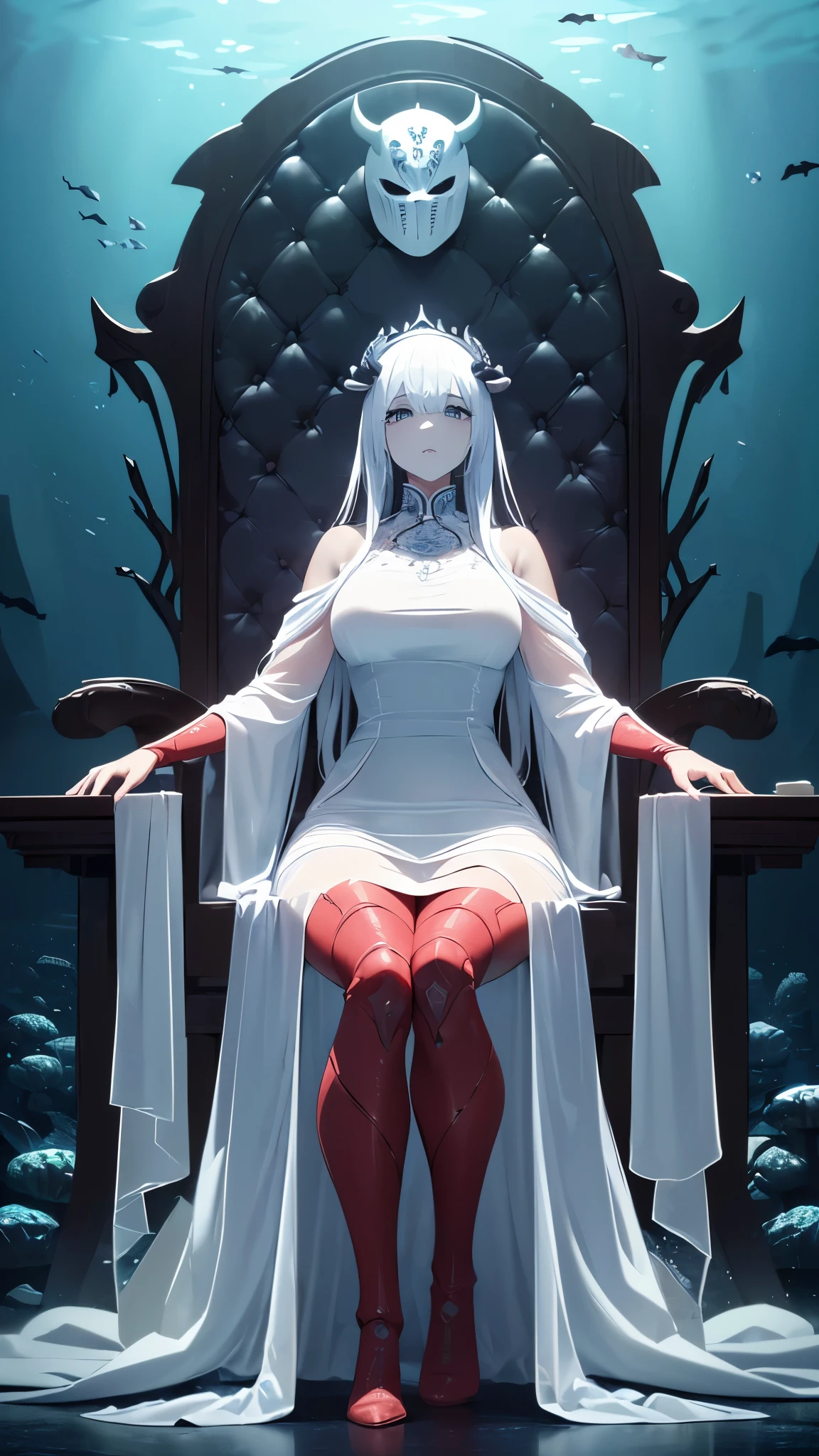 ((8k resolution))、((highest quality))、((masterpiece))、((Very detailed))((((dramatic))), (Anatomically correct)、The depth of the object to write、front、woman、(Sheer dress、青whiteい肌)、Throne、(Creepy Mask)、Underwater、(theme、whole body:1.1)、an ominous、background:white、Giant red arm